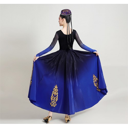 Xinjiang dance Dress for women royal blue gradient color chinese folk practice clothes Uighur minority performance costumes for women
